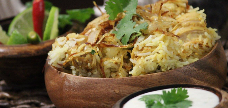 Mughlai chicken biryani with dal raita